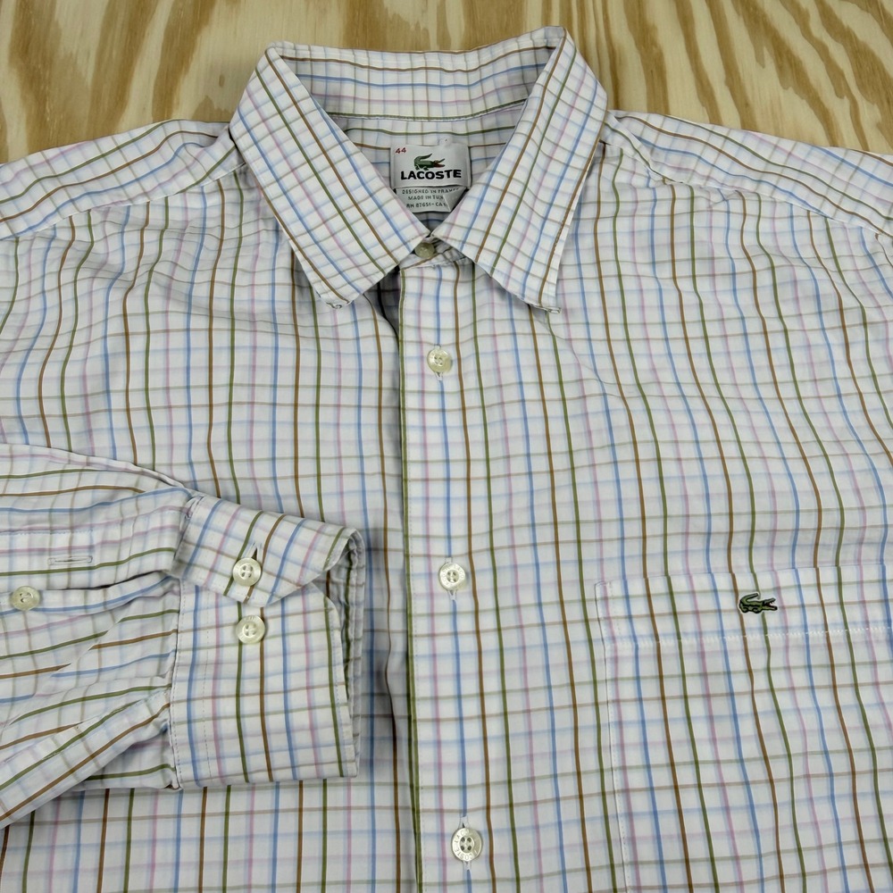 Lacoste Mens Plaid Button Down Shirt Size 44 White Blue Green Tattersall Check